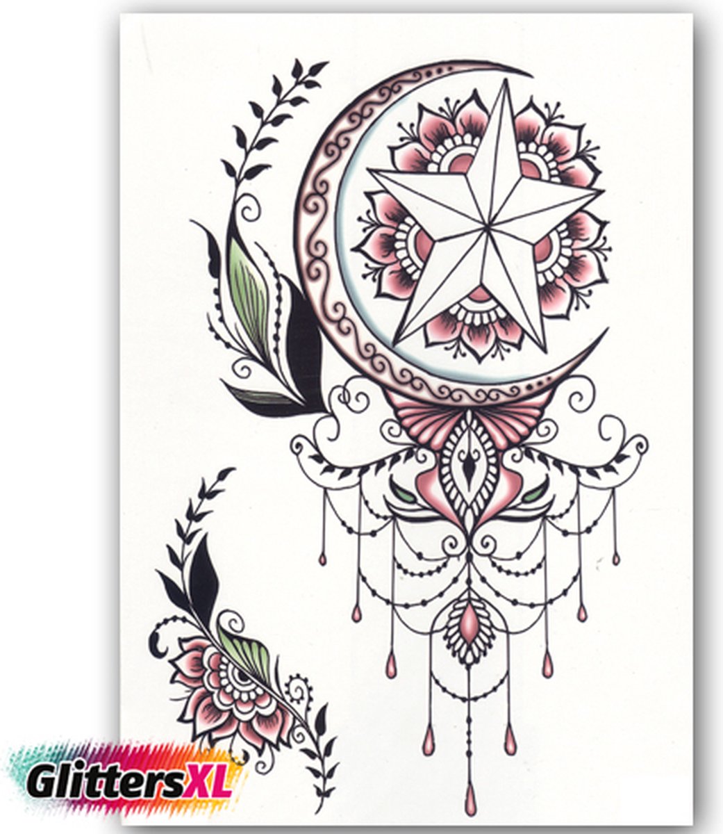 GlittersXL - Temporary Tattoo Dromenvanger met Bloem (A5 formaat) [Neptattoo - Tijdelijke tatoeage - Nep Fake Tattoos - Water overdraagbare festival sticker henna outfit tattoo - Glitter tattoo - Volwassenen Kinderen Jongen Meisje]